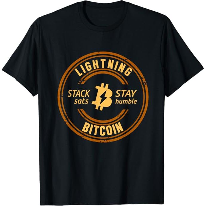 Lightning's Bitcoin Stack Sats Stay Humble Crypto Coin T-Shirt is a popular clothing item among cryptocurrency enthusiasts. The t-shirt features a unique design with the words "Stack Sats" and "Stay Humble" printed on the front, along with a graphic of a lightning bolt and a Bitcoin symbol.