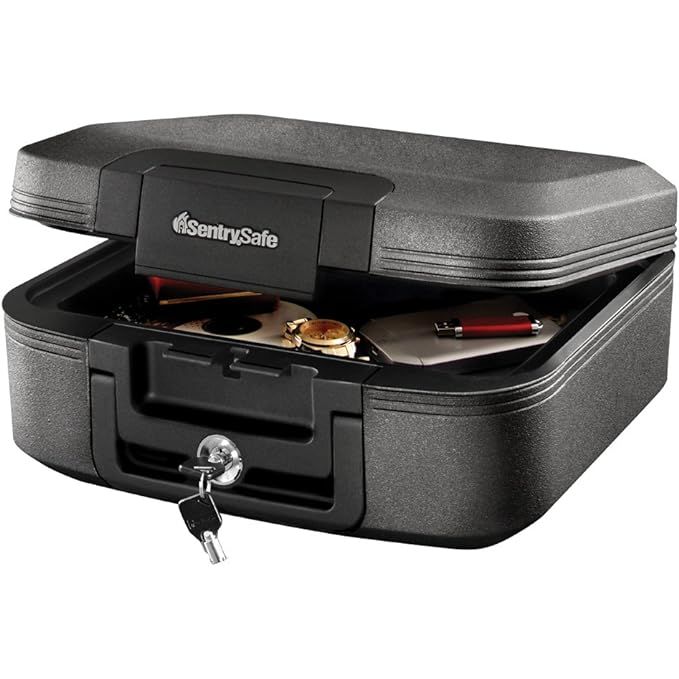 The SentrySafe Charcoal Gray Fireproof and Waterproof Safe Box is a compact and portable chest designed to protect your valuables from fire and water damage. With a key lock system, it provides added security for your money, passport, and other important documents. 
Measuring at 6.6 x 15.4 x 14.3 inches and offering 0.