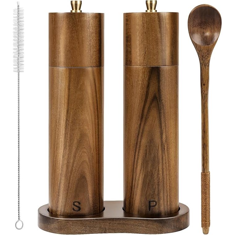 The Wooden Salt and Pepper Grinder Set is a convenient and stylish addition to any kitchen. Measuring 8 inches in height, these manual salt and pepper mills are made from durable acacia wood, offering a modern and natural aesthetic to your dining table.