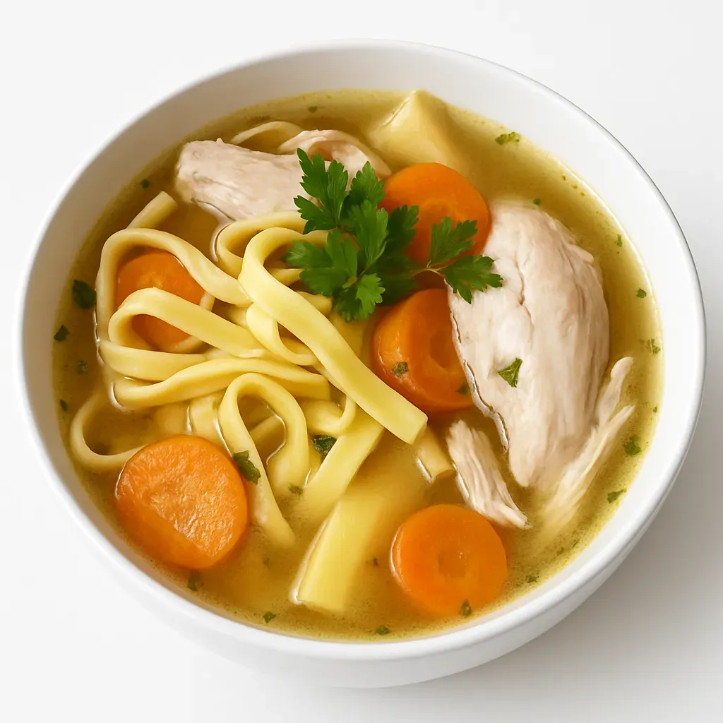 Experience the heartwarming comfort of traditional Polish cuisine with this authentic Chicken Noodle Soup, or 'Rosół'. Packed with tender chicken, flavorful root vegetables, and aromatic herbs, this classic dish offers a nourishing embrace perfect for any occasion.