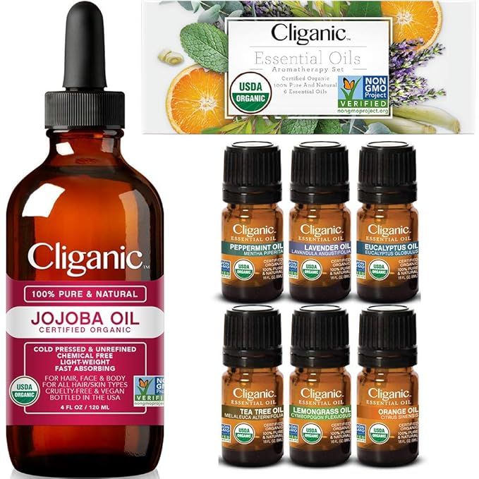 Cliganic Organic Jojoba Oil with Top 6 Organic Essential Oils Set is a popular product that combines organic jojoba oil with six organic essential oils. Jojoba oil is known for its moisturizing and nourishing properties, making it ideal for use on the skin, hair, and nails.