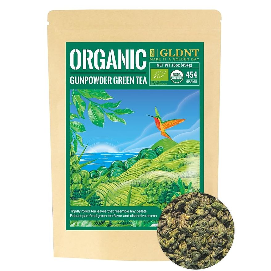 Experience the pure taste of premium green tea with GLDNT organic gunpowder green tea. Hand-picked spring young tea buds and tightly rolled tea leaves create tiny pellets that release a distinctive aroma and smooth taste without any bitterness.