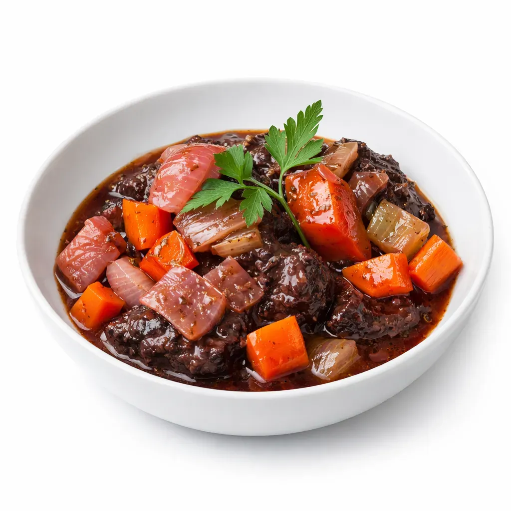 This comforting, traditional French dish features tender beef cheeks slow-cooked with a medley of vegetables in a rich red wine sauce, offering a gourmet experience reminiscent of classic Boeuf Bourguignon.