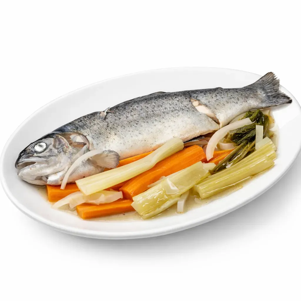 A classic French dish featuring poached trout in a delicately infused court-bouillon, highlighting the unique 'blueing' process that turns the trout's skin a bluish-gray.