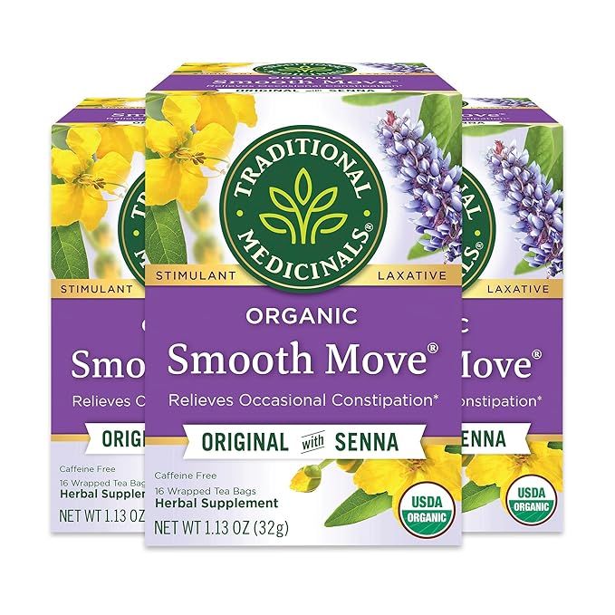 Traditional Medicinals Tea's Organic Smooth Move is a popular herbal tea blend that is designed to relieve occasional constipation. The formula contains senna leaf, an herbal laxative that helps to stimulate bowel movements and alleviate discomfort and bloating associated with constipation.