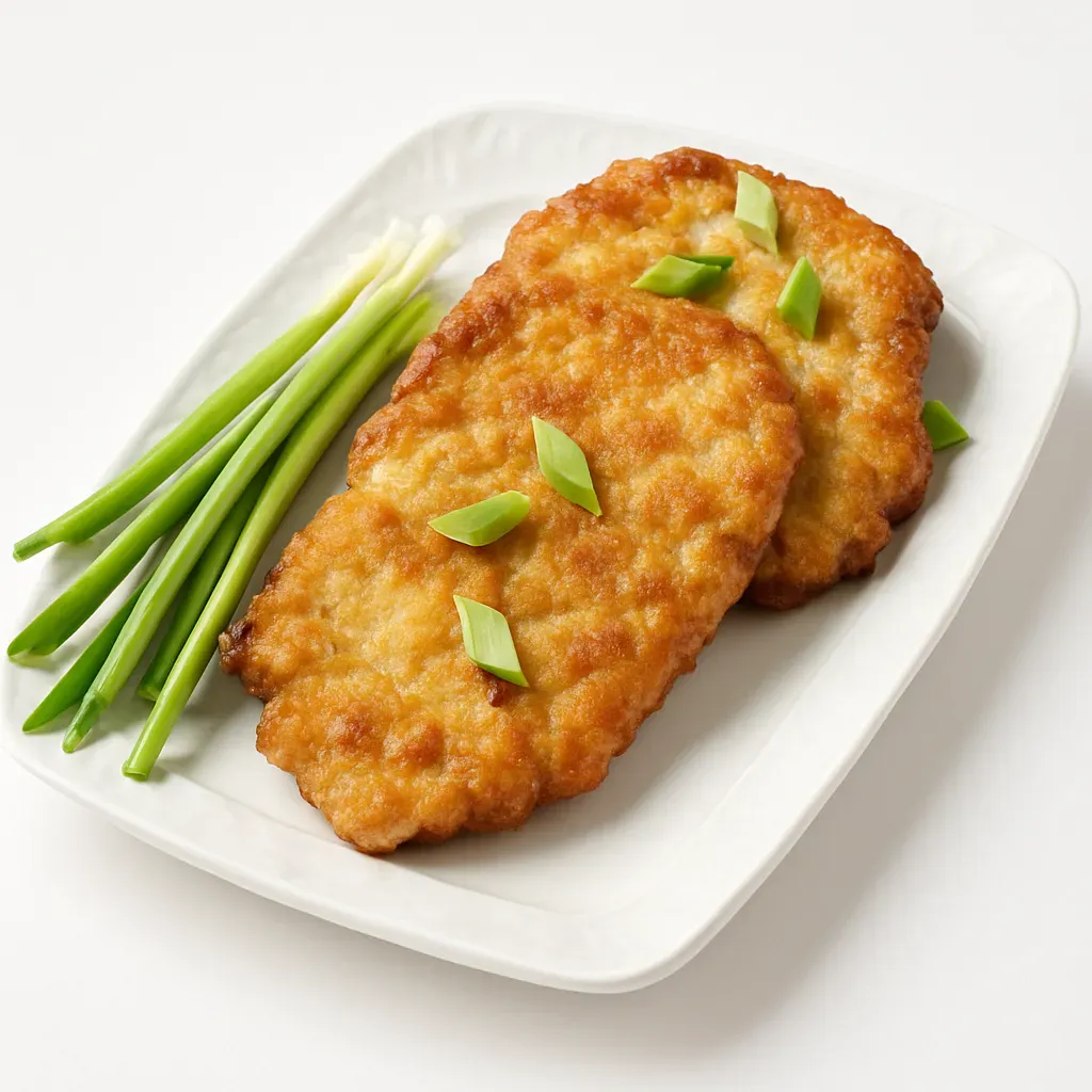 A classic European dish featuring lightly breaded and pan-fried pork slices, garnished with fresh green onions – perfect for a hearty meal.