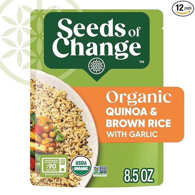 SEEDS OF CHANGE Organic Quinoa & Brown Rice with Garlic is a convenient and nutritious option for those looking for a quick and easy meal. Each 8.5-ounce pack contains a blend of organic quinoa and brown rice, seasoned with garlic for added flavor.