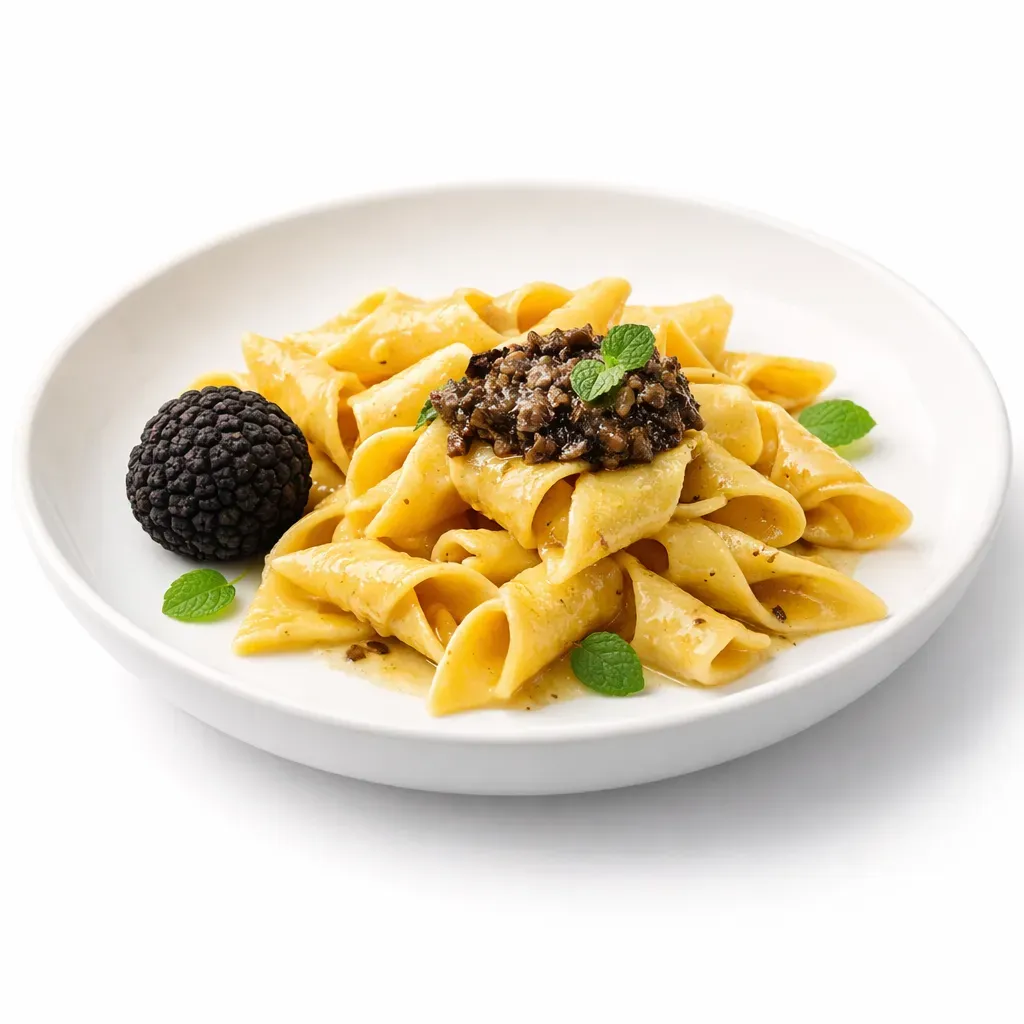 An elegant and richly flavored dish that marries the fine textures of fuži pasta with luxurious tartufata, perfect for truffle lovers and gourmet dining.