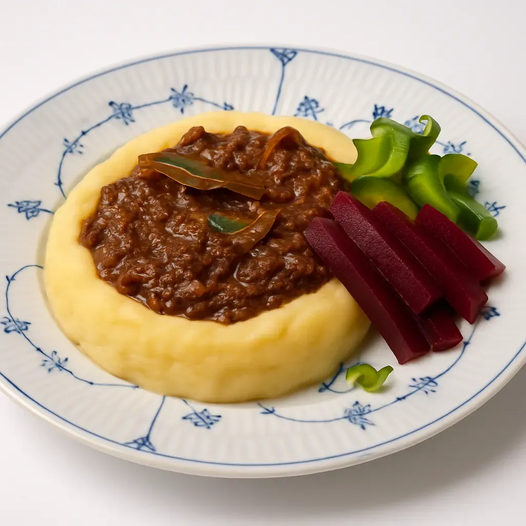 A delightful Danish classic, perfect for a cozy family dinner or entertaining friends. This hearty dish combines browned ground beef with a creamy sauce, served over mashed potatoes and pickled vegetables.