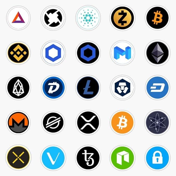 The 25 Bubble-Free Bitcoin Litecoin Ethereum XRP Chainlink Tezos Cryptocurrency Crypto Sticker Vinyl Bumper Sticker Decal Waterproof 5 inch set is a collection of stickers featuring popular cryptocurrency logos.