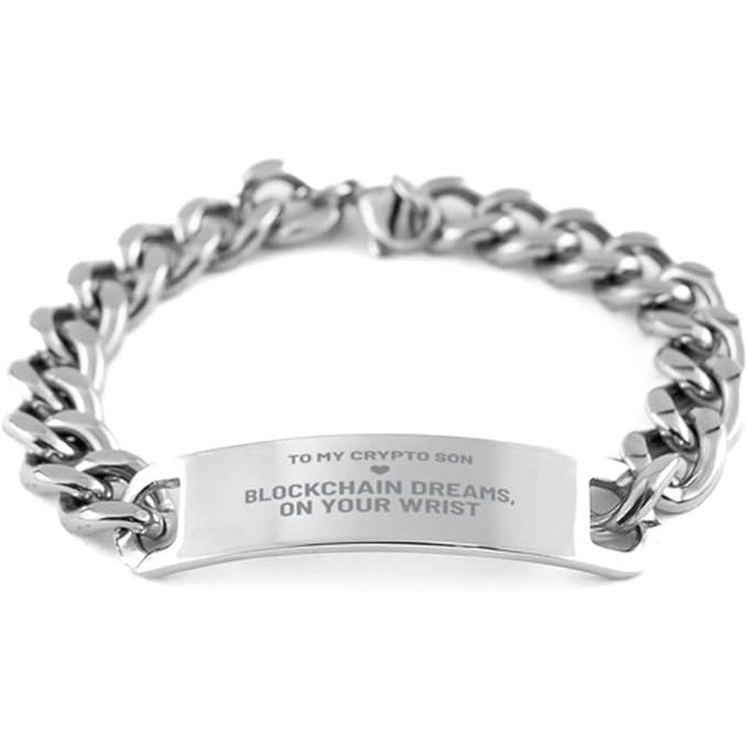 My Crypto Son is a company that offers a range of unique and personalized cryptocurrency-themed gifts for special occasions such as birthdays, Christmas, or graduations. One of their popular products is the Blockchain Dreams bracelet, which features a stainless steel chain design with crypto symbols engraved on each link.