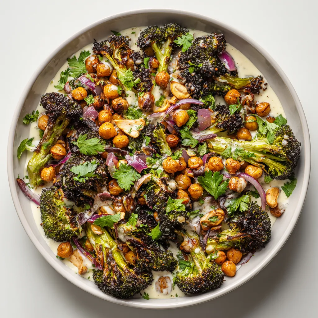 A vibrant contemporary American salad packed with roasted broccoli and chickpeas, complemented by a rich Tahini-Parmesan dressing. Perfect as a main course, side dish, or meal prep option, it's a delightful vegetarian dish full of textures and flavors.