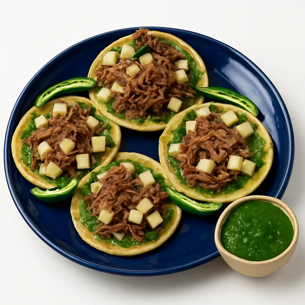 An authentic Mexican street food from Puebla, featuring savory pork, tangy green salsa, and sautéed potatoes on soft tortillas.