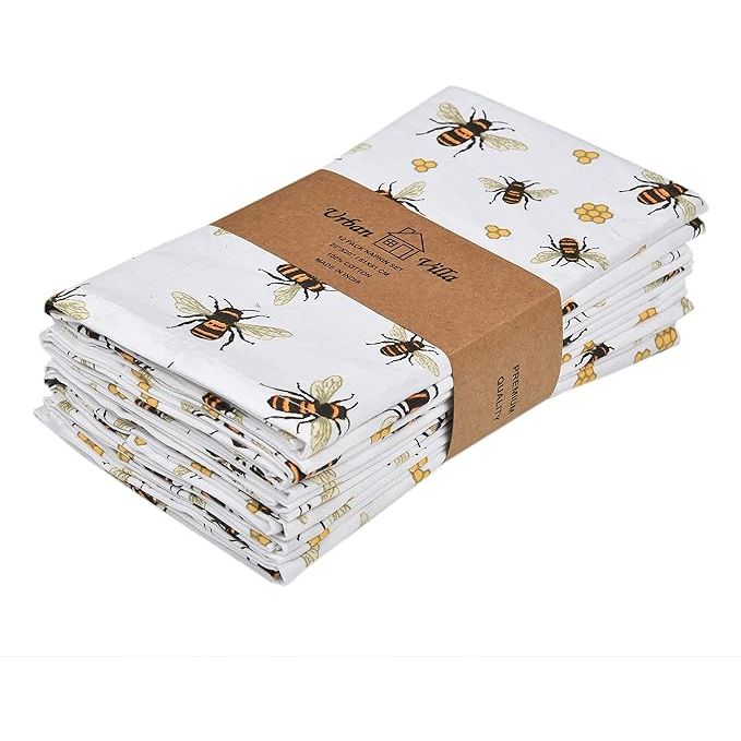 The Urban Villa Harvest Dinner Napkins are a set of 12 premium quality cloth napkins designed with an attractive honey bee print. Made from 100% cotton, these oversized napkins measure 20x20 inches and are perfect for adding a touch of sophistication to your dinner table.
