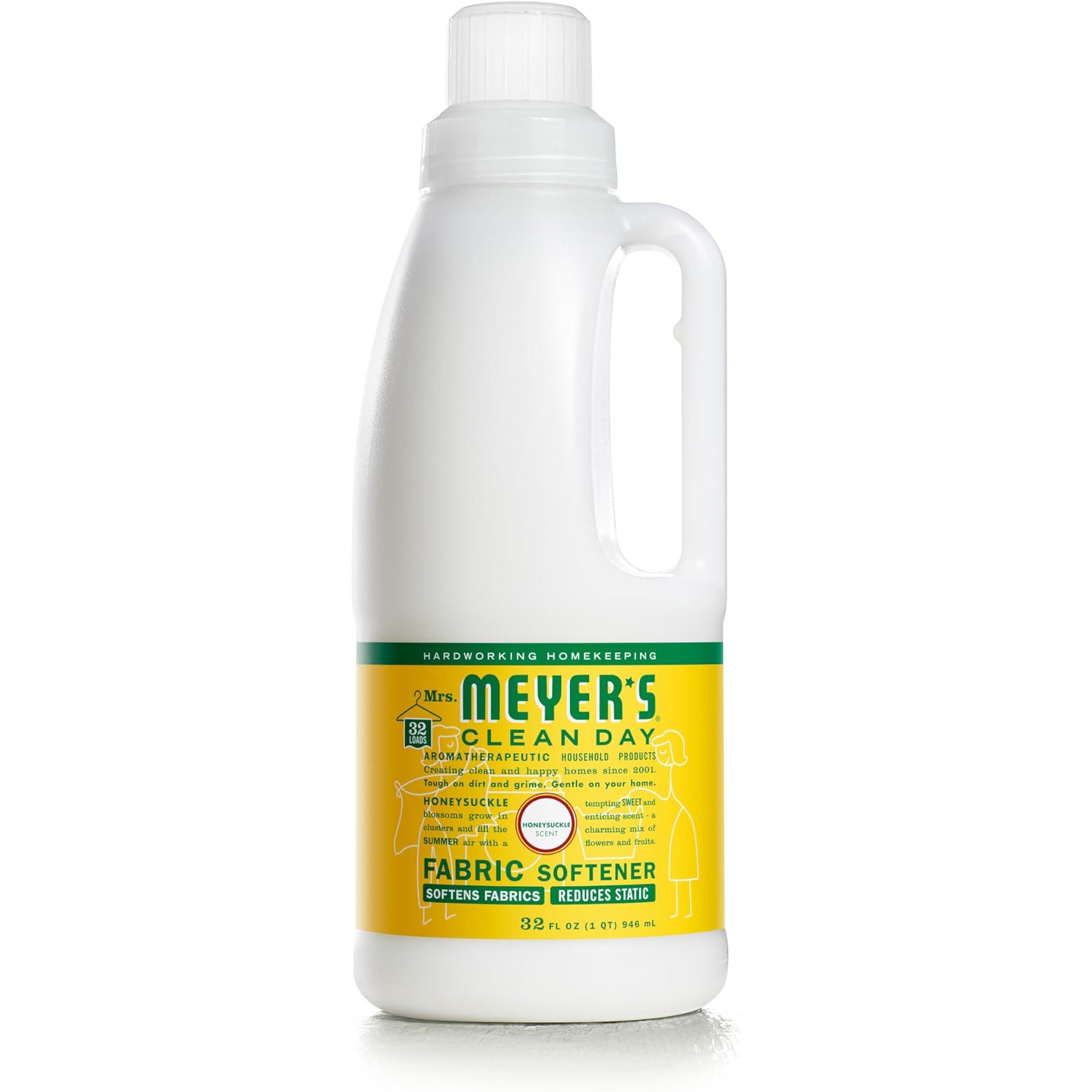 MRS. MEYER'S CLEAN DAY Liquid Fabric Softener is a 32 oz bottle that can be used for up to 32 loads of laundry. It is infused with essential oils, specifically honeysuckle fragrance, to leave your clothes smelling fresh and clean.