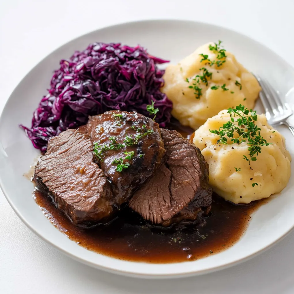 Sauerbraten is a classic German pot roast, usually of beef (but other meats such as lamb, mutton, pork, and traditionally, horse), marinated before slow cooking as pot roast. The meat is marinated for several days in a mixture of vinegar or wine, water, and a variety of seasoning vegetables and spices, which gives it a distinctive tangy flavor.