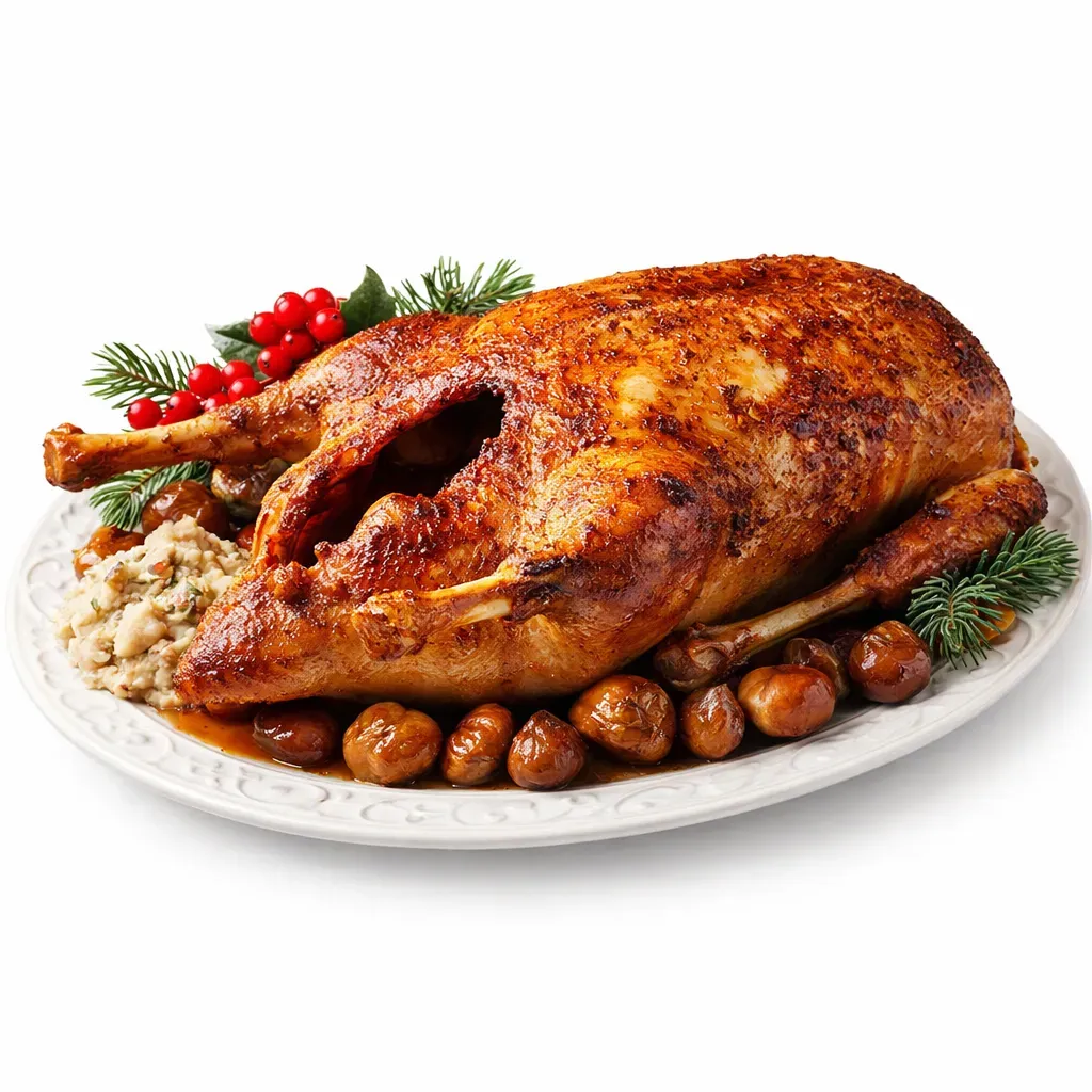 Weihnachtsgans, or Christmas Goose, is a traditional German festive dish served predominantly during the holiday season. This sumptuous recipe features a succulent roast goose that has been seasoned with a fragrant blend of marjoram, thyme, and juniper berries.