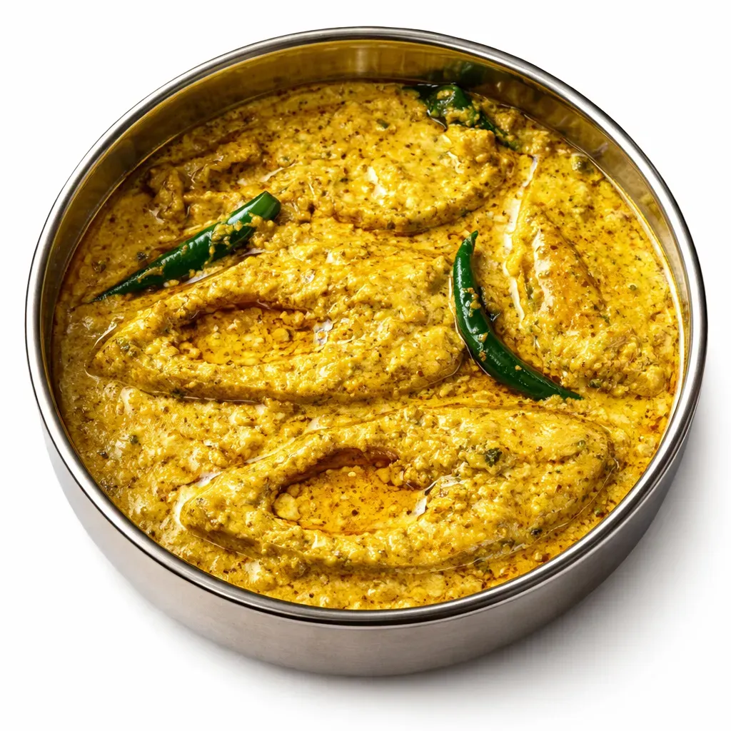 A traditional Bengali dish featuring Hilsa fish steamed in a rich mustard and coconut gravy, offering a perfect blend of savory and spicy flavors.