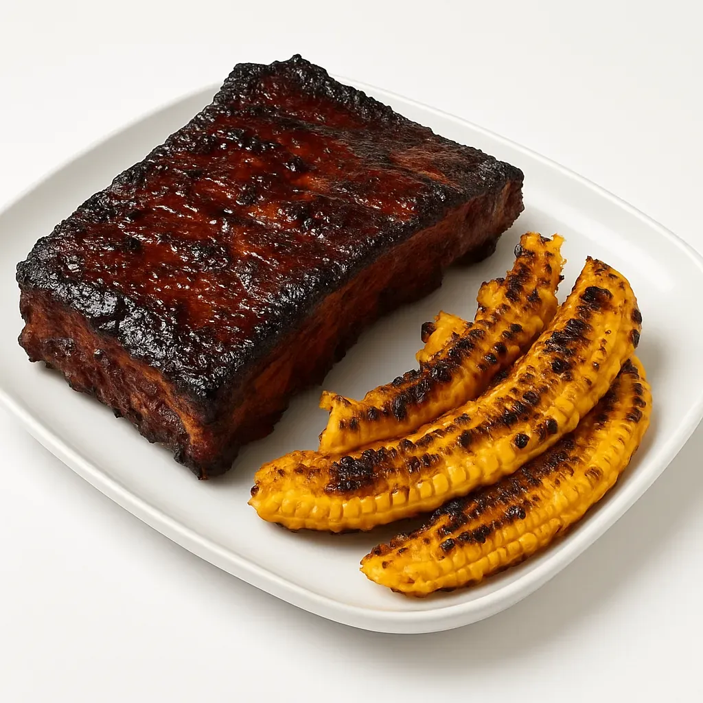Indulge in the succulent flavors of fall-off-the-bone pork ribs paired with perfectly seasoned corn ribs. This dish promises tender meat and a burst of savory spices, complemented by a tangy BBQ glaze, perfect with cold beer and good music.