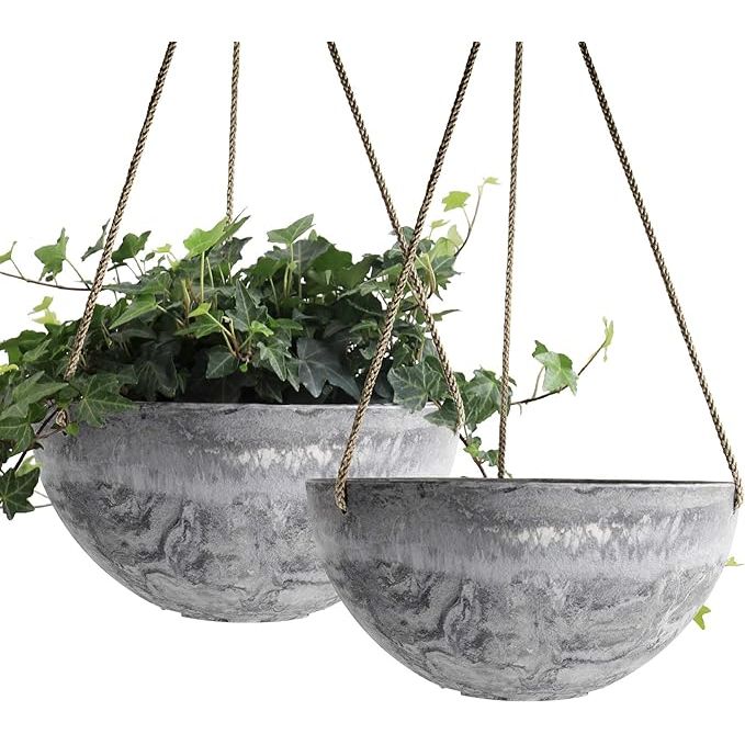 The LA JOLIE MUSE Hanging Planter Flower Plant Pots are a set of two 10-inch hanging baskets designed for indoor or outdoor use. The pots are made of durable and lightweight plastic material, making them easy to hang and move around. The marble pattern adds a touch of elegance to any space and complements a variety of plant styles.