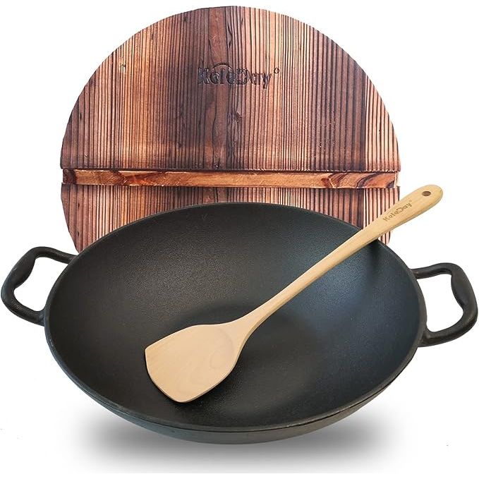 The 14 Inch Cast Iron Wok with Lid is a versatile and durable cookware option for your kitchen. This wok is pre-seasoned, making it non-stick and ready to use right out of the box. It features two loop handles for easy and safe handling while cooking.