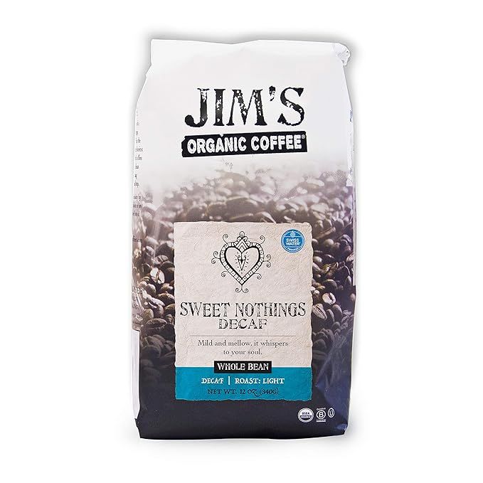 Jim's Organic Coffee - Sweet Nothings Decaf is a light roast, whole bean coffee that comes in a 12 oz bag. This decaffeinated coffee is made with 100% Arabica beans that are organically grown without the use of synthetic pesticides or fertilizers.