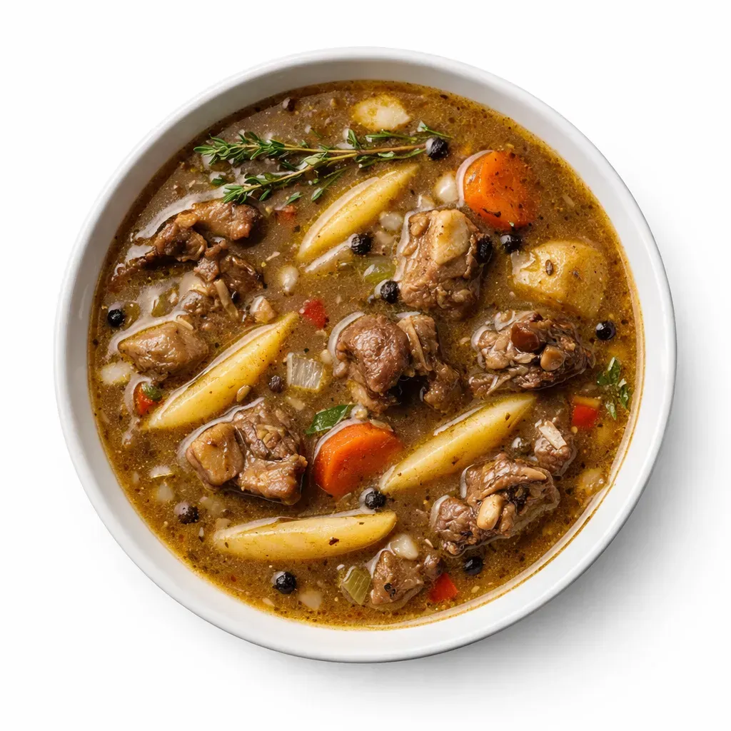A traditional Caribbean stew from Dominica, featuring tender goat meat and a mix of flavorful herbs, spices, and ground provisions, perfect for a hearty meal.