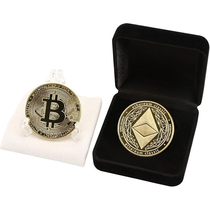 The Gold Ethereum Coins Token Set with Velvet Coin Box is a collectible set that includes both a gold Ethereum coin and a Bitcoin commemorative metal crypto coin. The set is designed for HODL fans and collectors of cryptocurrency coins. The coins come in a luxurious velvet coin box, making it a great gift for enthusiasts of Ethereum and Bitcoin.