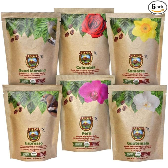 Java Planet Organic Coffee Sampler Pack is a selection of Arabica gourmet specialty coffee whole beans in a variety pack. The pack contains 6 different varieties of beans, each weighing 3.2 oz, totaling 1.32 pounds. These beans are organic and are grown using sustainable and eco-friendly farming practices.