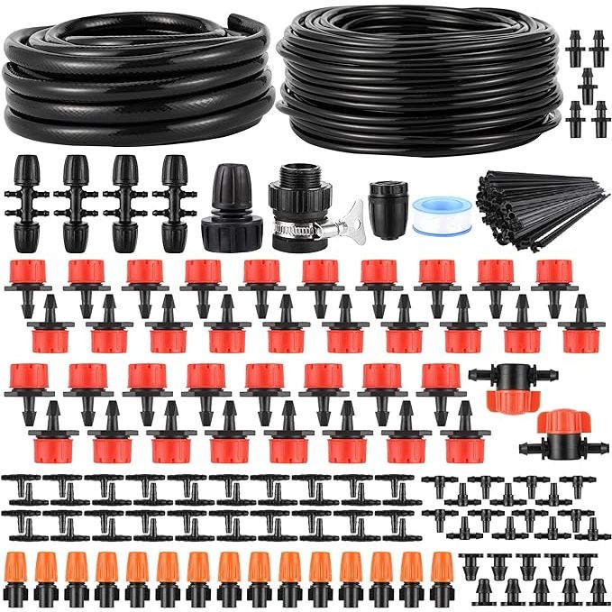 The 164FT 190 Pcs Drip Irrigation Kit is a complete system designed to provide automatic watering for your garden, greenhouse, flower bed, patio, or lawn. The kit includes 164 feet of 1/4" and 1/2" blank distribution tubing, along with 190 assorted irrigation drippers, tees, connectors, and stakes.