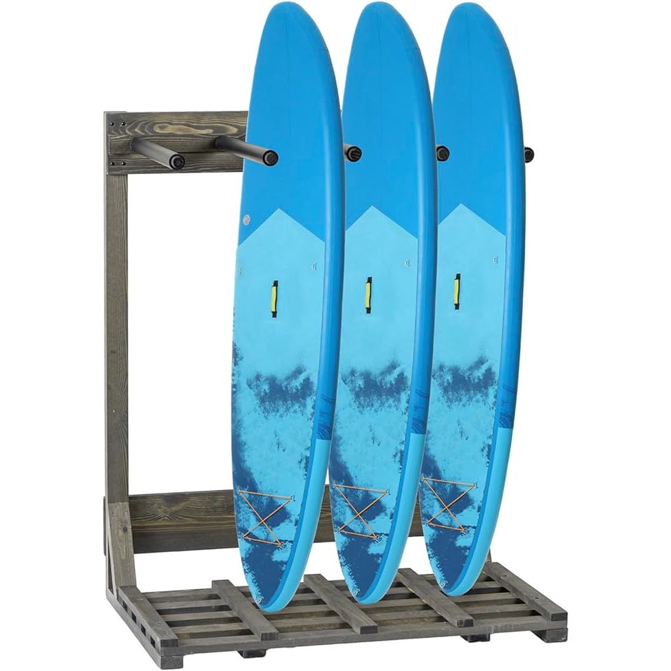 The MyGift 4-Ft Vintage Gray Freestanding Vertical Surfboard Storage Rack is designed to securely hold up to four surfboards in a space-saving vertical arrangement. The rack is freestanding, meaning it does not need to be mounted to a wall or ceiling for support.