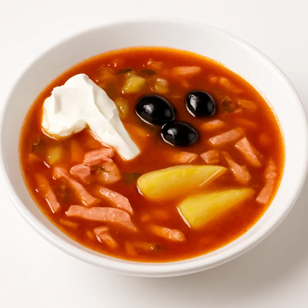 Solyanka is a robust and flavorful soup, popular in Eastern European cuisine. It features a delightful medley of meats and vegetables simmered in a rich tomato base, perfect for chilly days.