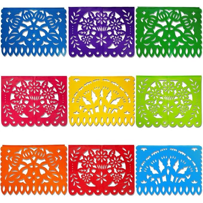 The DomeStar Mexican Papel Picado Banner is a festive decoration perfect for Cinco de Mayo, Dia De Los Muertos, and other Mexican-themed celebrations. This 18-foot plastic fiesta banner features intricately cut designs that are traditional in Mexican folk art.