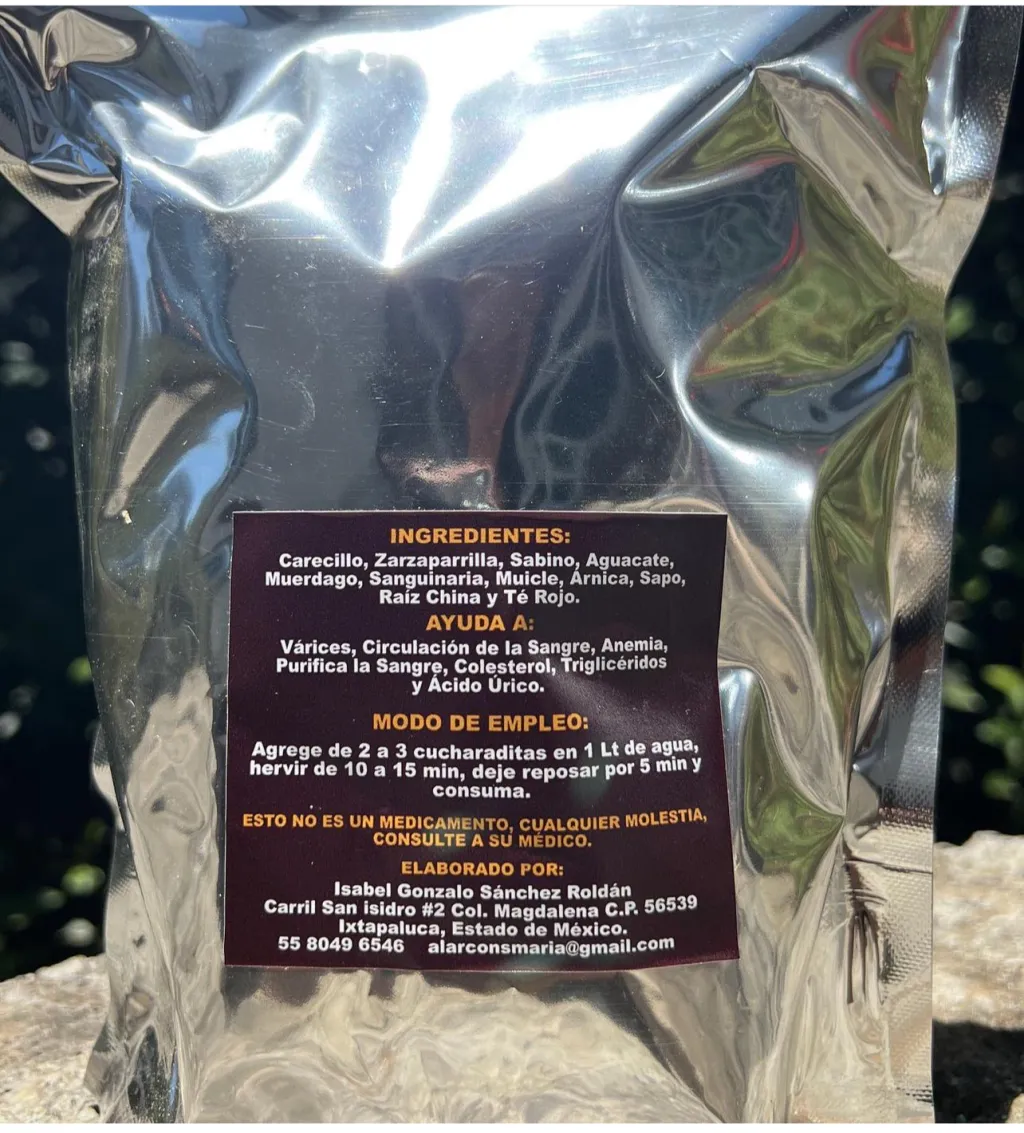Discover the incredible benefits of this infusion for Varicose Veins, Anemia and Triglycerides! Made with a unique blend of powerful ingredients, this natural elixir is designed to effectively improve your health and well-being. Outstanding Benefits: Improves Circulation: Thanks to the combination of mask and bloodthirsty muicle, this infusion promotes better blood circulation, helping to reduce the appearance of varicose veins. Hematological Health Support: Sarsaparilla and mistletoe are known for their properties that promote the production of red blood cells, fighting anemia naturally. Triglyceride Control: With the help of Chinese root and red tea, this infusion helps maintain healthy triglyceride levels in the blood. Key Ingredients: Little Mask, Sarsaparilla, Avocado, Mistletoe, Bloodthirsty Muicle, Arnica, Toad, Chinese Root, Red Tea. Ideal for: Those who want to improve their cardiovascular health. People who are looking for natural alternatives to manage anemia and triglycerides. How to use: Prepare a cup of this hot infusion, letting a tablespoon of the mixture sit in boiling water for 10 minutes. Enjoy its flavor and benefits 2-3 times a day. Where does it come from?: Our Infusion for Varicose Veins, Anemia and Triglycerides is made with selected ingredients from the fertile lands of Mexico, where tradition and ancestral knowledge come together to create this powerful remedy. Incorporate this infusion into your daily routine and feel the transformation in your well-being! Your body and your health will thank you.