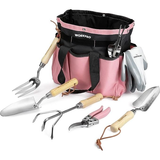 The WORKPRO 7-Piece Pink Garden Tool Set is a complete gardening kit designed specifically for women. It includes essential tools such as a trowel, hand weeder, cultivator, and more, all made from high-quality stainless steel with wooden handles for durability and comfort during use.