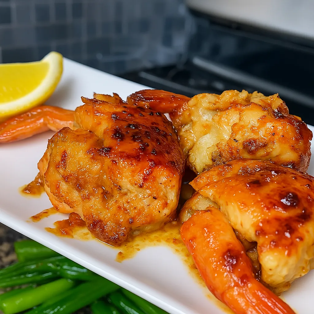 This exquisite seafood dish combines the rich flavors of crab-stuffed shrimp wrapped neatly in salmon, glazed with an irresistible sweet and spicy honey jerk sauce for a delightful gourmet experience.