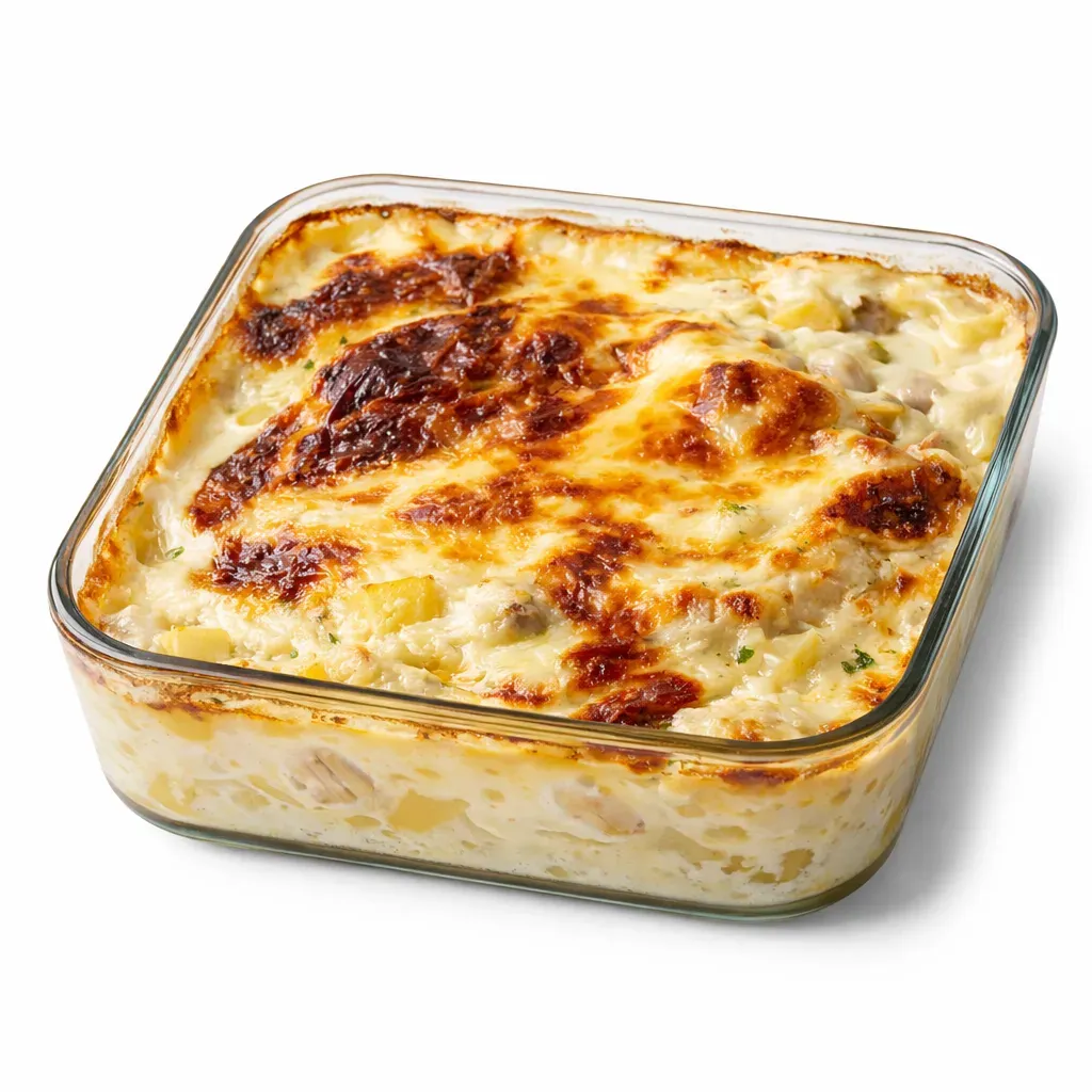 Bacalhau com Natas is a traditional Portuguese baked cod casserole featuring layers of creamy béchamel sauce, desalted cod, and golden potatoes, creating a comforting dish perfect for family meals.