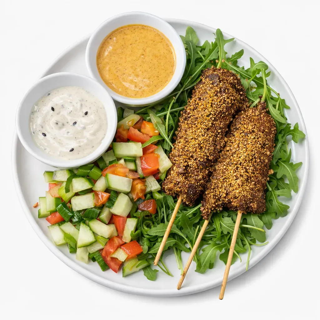 Experience the exquisite flavors of Sudanese Agashe, a savory dish inspired by the West African Suya featuring tender beef strips coated in a roasted blend of ground peanuts and spices.