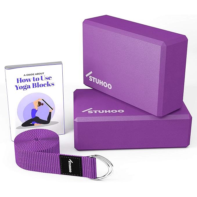 Yoga Blocks 2 pack and Yoga Strap are essential yoga props that provide additional support and stability during yoga practice. The blocks are made of lightweight Eva foam, making them easy to transport and use.