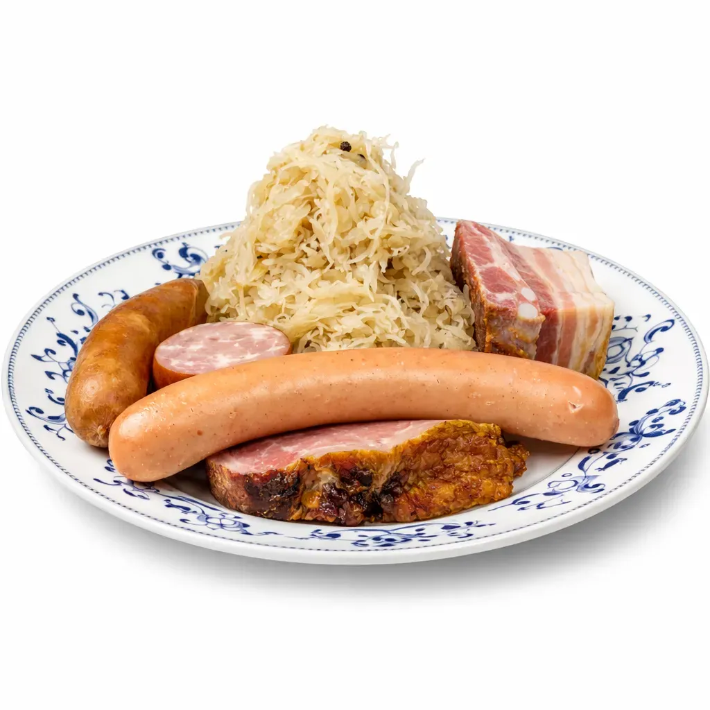 A traditional Alsatian dish featuring a hearty blend of tangy sauerkraut, smoked meats, and potatoes, perfect for comforting family gatherings.