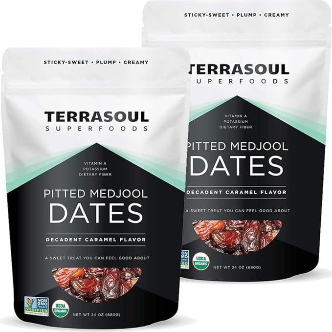 Terrasoul Superfoods Organic Pitted Medjool Dates come in a pack of 2, totaling 3 pounds of deliciously sweet and chewy dates. These dates are organic and the pits have been removed, making them convenient and easy to enjoy straight out of the bag.