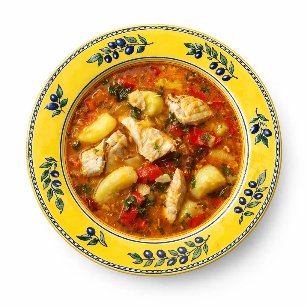 A traditional Portuguese fish stew that combines fresh fish and vibrant vegetables with aromatic spices, creating a comforting and rich dish that transports your taste buds to the coastal beauty of Portugal.