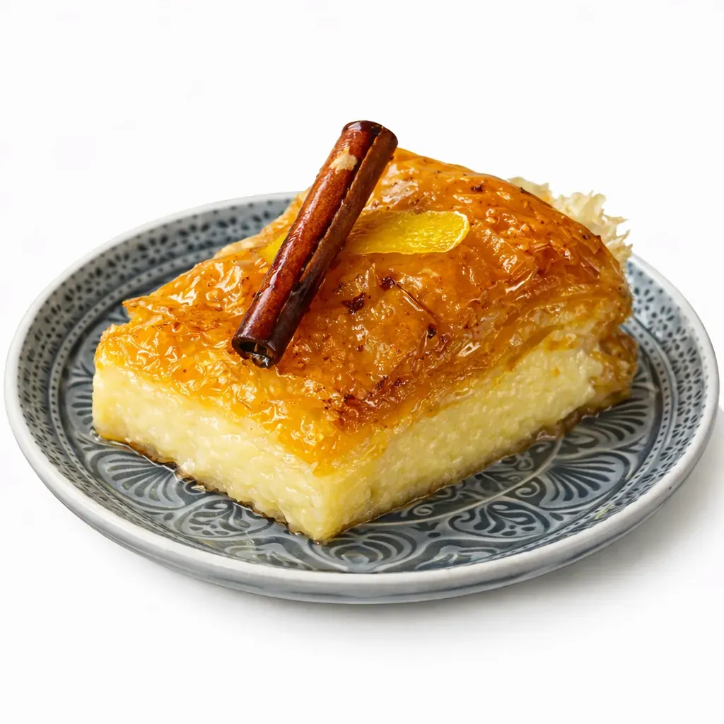 A delightful Greek Custard Pie combining smooth custard, crispy phyllo layers, and sweet syrup, bringing a taste of Greece to your home.