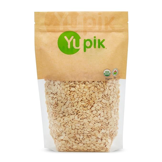 Yupik Organic Seeds/Kernels are watermelon seeds that come in a 2.2 lb package. They are certified organic, meaning they are grown without the use of synthetic pesticides or fertilizers. These seeds are non-GMO, vegan, and gluten-free, making them suitable for a variety of dietary preferences and restrictions.