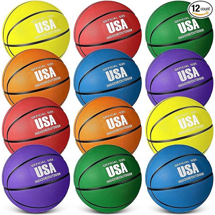 The 12 Pcs Rubber Basketballs Official Size Bulk Streetballs is a set of 12 official size rubber basketballs ideal for outdoor and indoor use. These multicolor basket balls come with a pump for easy inflation and are suitable for adults, youth, boys, and girls.