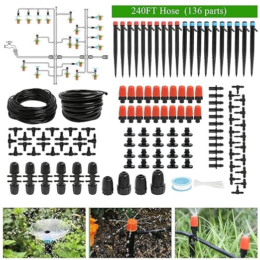 The 240FT Drip Irrigation System Kit is a complete set that includes everything you need to efficiently water your garden, greenhouse, yard, lawn, or plants. It comes with 240 feet of 1/2 inch hose, 1/4 inch distribution tubing, and all the necessary accessories for easy installation and operation.