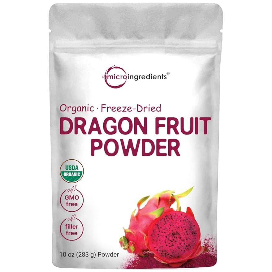 Organic Dragon Fruit Powder is a 10oz product made from 100% natural pink pitaya, also known as dragon fruit, that has been freeze-dried to maintain its freshness and flavor.