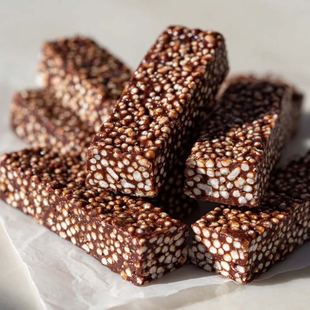 Indulge in these simple yet delightful Quinoa Chocolate Crunch Bars, a perfect no-bake treat for those seeking a high-protein snack to boost energy. This modern, health-conscious dessert combines the rich flavors of dark chocolate and chocolate peanut butter, elevated by the crunchy texture of quinoa puffs.