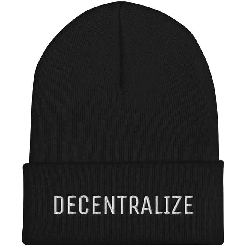 The Decentralize Hat is an embroidered cuffed beanie that features blockchain and cryptocurrency-related designs. This unique hat is a perfect gift for those who are interested in the world of decentralized finance and digital currencies.