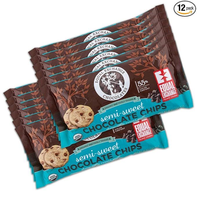 Equal Exchange Organic Chocolate Chips are a popular choice for those looking for a high-quality, sustainably sourced chocolate option. These semi-sweet chocolate chips contain 55% cacao and come in conveniently sized 10-ounce bags. Each pack contains 12 bags, making it easy to stock up and have plenty on hand for baking or snacking.